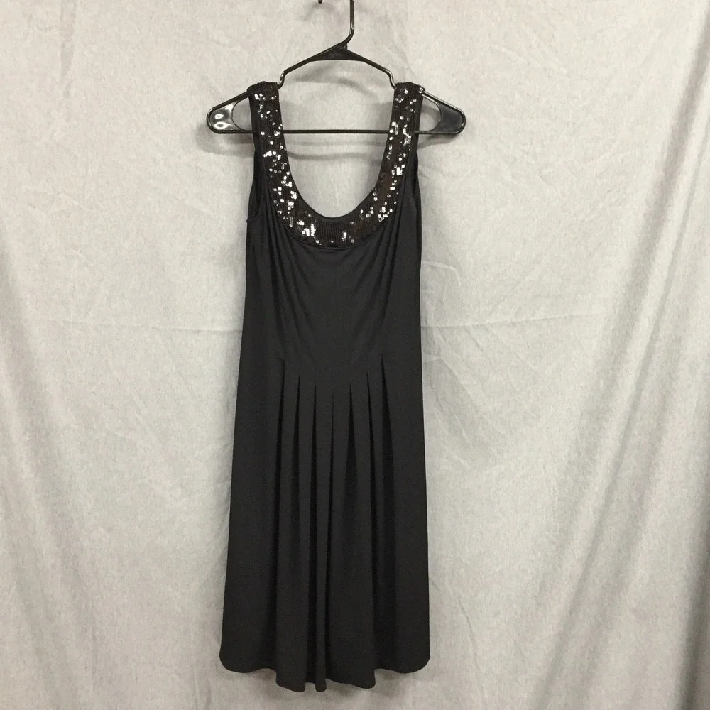 Maggy London Black Sequin Scoop Neck Pleated‎ Cocktail Dress Womens 6